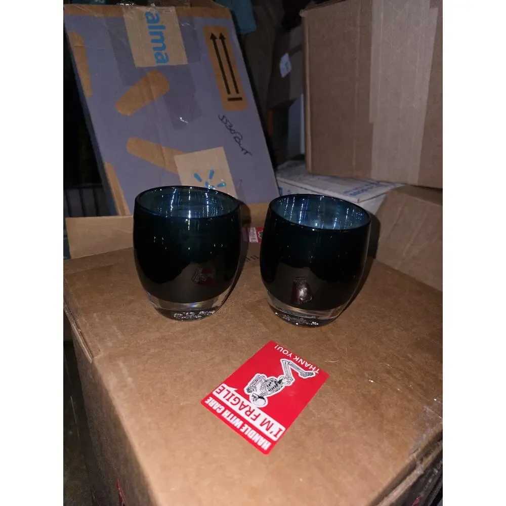 Pair of Glassybaby Thoughtful Hand-Blown Glass Votive Candle Holders Triskelion